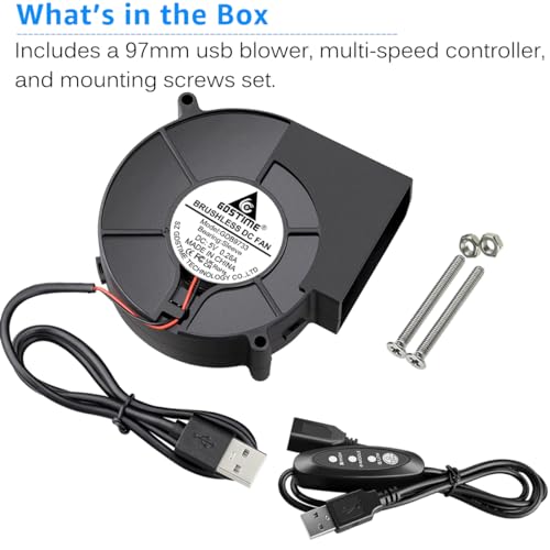 GDSTIME DC 5V USB Powered 97mm x 33mm Blower Fan, L/M/H 3 Speed Controller | 9733, Brushless, Squirrel Cage, Centrifugal, for Receiver DVR Xbox Modem AV Cabinet Cooling - size: 97mm x 33mm