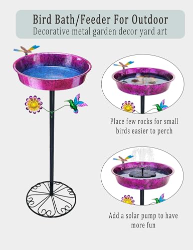 Pedestal Bird Bath for Outdoors - Metallic Purple & Blue 11.5” Metal Birdbath Bowl & Feeder Freestanding Garden Decor Yard Art (26” Tall, 0.7 Gallon)