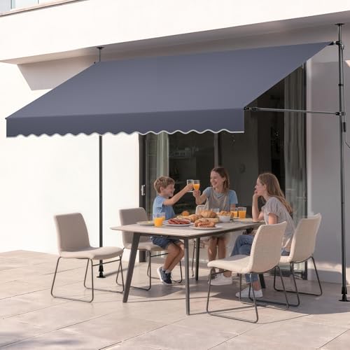 VEVOR Manual Retractable Awning, 118" x 59" Outdoor Patio Awnings Sunshade Shelter with 43"-59" Retractable Side Bar, No Drill Height Adjustable, Crank Handle for Backyard, Balcony, Dark Gray - size: 118x59 in