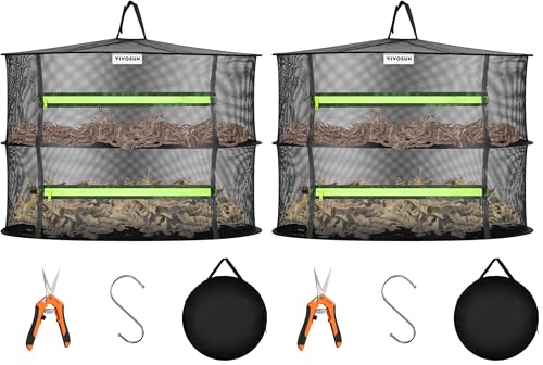 VIVOSUN 2-Layer Mesh Drying Rack Hanging Design with Green Zippers for Dehydrating, Indoor and Outdoor Pruning Shears Included (Pack of 2) - size: 2 Layer (Pack of 2), style: 1 Pack