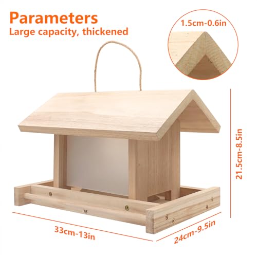 Hanging Wooden Bird Feeder, Outdoor Large Capacity Wood Birdfeeder for Feeding Outside Garden Wild Birds Finches Robin Sparrow Blue Jay Chickadees - color: Light Wood Color