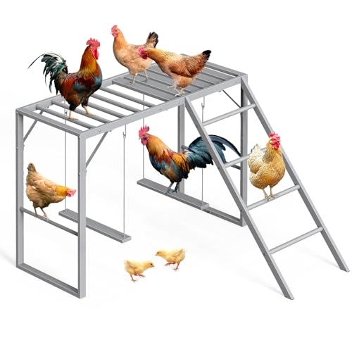 Sunexinlo Chicken Perch with Swing Set, Roosting Bars for Chickens in Coop for Pet Chickens' Health and Happiness, Metal Chicken Toys Accessories for Backyard Farms, Gray
