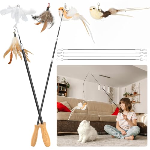 ROSAUI Cat Teaser Wand Toys, Interactive Bird Toy for Indoor Kittens, 53.15’’ Long Cat Fishing Pole Toys, 2X Wires and 5X Natural Refills, Sustainable Wooden Handles, Exercising, Playing - style: 53.15’’ Cat teaser wand toys