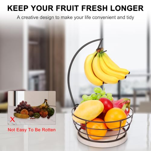 Livabber Countertop Fruit Basket Bowl with Banana Hanger, Modern Standing Fruit Vegetable Bowl Storage, with Banana Tree Holder for Kitchen Dinning Table (Round Marble, Black) - color: Black, style: Round Marble
