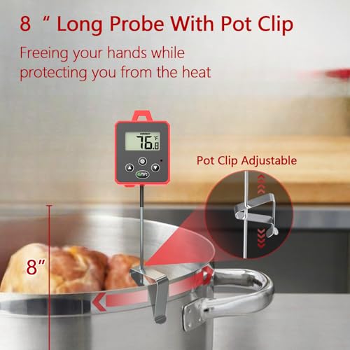Timloon Digital Candy Thermometer with Pot Clip, Backlight LCD, 8" Long Probe, Temperature Alarm, ℃/℉ Switch, Instant Read Kitchen Thermometer for Cooking, Baking, and Candy Making
