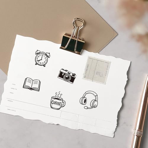 AHANDMAKER 5 Styles Mini Lifestyle Wooden Rubber Stamp, Small Book Alarm Clock Camera Coffee Cup Headphone Patterns Stamps for DIY Making Scrapbooking Card Stamping Pottery Clay Crafting - style: Lifestyle