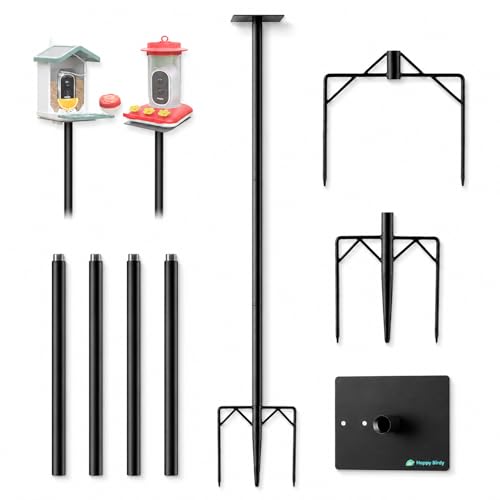 Happy Birdy Bird Feeder Pole - Heavy Duty Outdoor Bird House Pole for Smart Bird Feeder, Hummingbird Feeder, Birdhouse | Adjustable Steel Pole with Ground Stakes, Universal Mount, 5-Min Setup