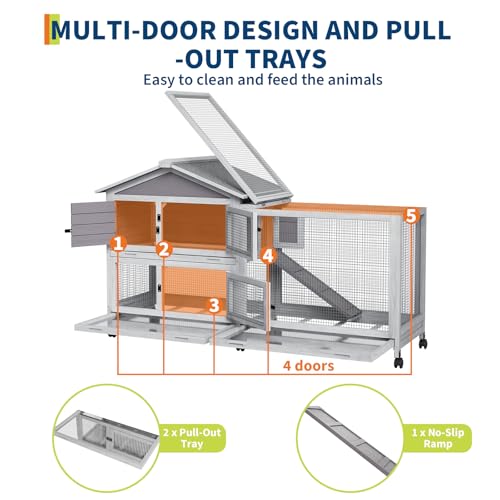 2-Story Wooden Rabbit Hutch & Chicken Coop with Wheels, Indoor/Outdoor Bunny Cage with Waterproof Roof, Removable Cleaning Tray & Access Ramp for Chicken, Rabbit - size: 63.2 inch