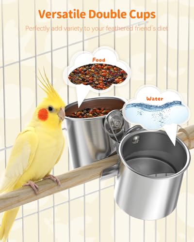 Pawfly Bird Cage Mounted Food & Water Containers, Sturdy Stainless Steel Cups with Clamp Design, Feeding Supplies for Budgie, Parakeet, Cockatiel & Conure
