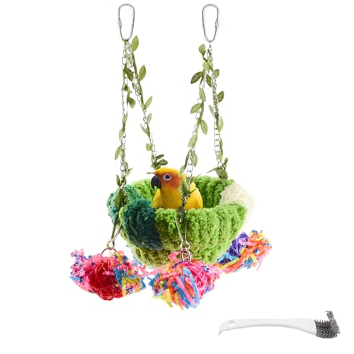 Bird Nest,1 PCS Parrot Hanging Swing Hammock Parrot Breeding Nest Bed Bird Cage House for Budgies Parakeets Cockatiels Lovebirds Conures with A Cleaning Brush(Green)
