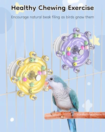 Pawfly 2 Pcs Bird Toys for Parakeets, Colorful Spinning Wheel Chew Toys, Interactive Spinner Rattle Parrot Toys, Cockatiel Toys, Parakeet Toys, Bird Cage Accessories for Entertainment Chewing Exercise - color: Yellow + Purple, size: 2 PC