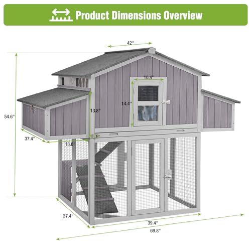 GUTINNEEN Large Foldable Chicken Coop Wooden with Nesting Boxes, Two-Tier Chicken House with Run, PVC-Covered Nest Box, Easy Clean Tray, Predator-Proof Outdoor Poultry Cage for 4–6 Chickens - size: 69.8"L x 42"W x 54.6"H