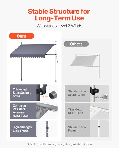 VEVOR Manual Retractable Awning, 118" x 59" Outdoor Patio Awnings Sunshade Shelter with 43"-59" Retractable Side Bar, No Drill Height Adjustable, Crank Handle for Backyard, Balcony, Dark Gray - size: 118x59 in