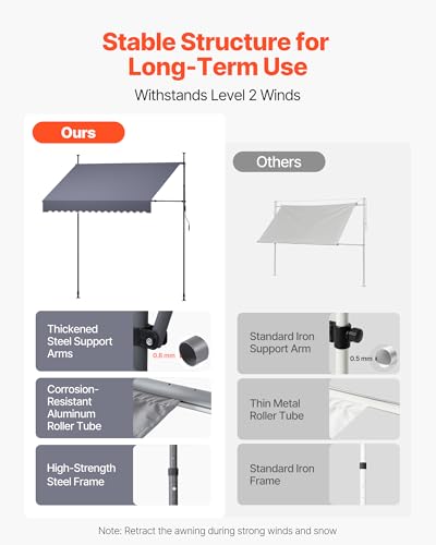 VEVOR Manual Retractable Awning, 98" x 59" Outdoor Patio Awnings Sunshade Shelter with 43"-59" Retractable Side Bar, No Drill Height Adjustable, Crank Handle for Backyard, Balcony, Dark Gray - size: 98x59 in