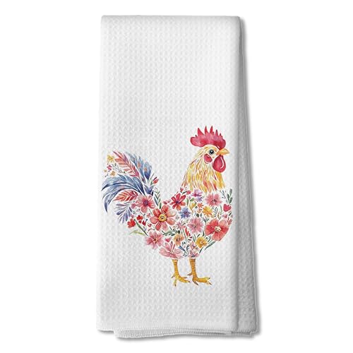Rustic Floral Rooster Kitchen Towels, Gifts for Chicken Lovers Dish Tea Towels for Kitchen Decor, Farmhouse Flower Chicken Hand Towel for Bathroom, 16x24 Inch - color: 12color
