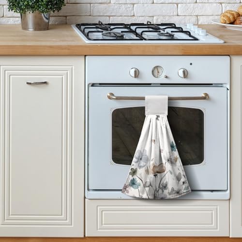 Watercolor Floral Hanging Kitchen Towels Set of 2 Spring Summer Grey Flowers Hand Towel with Hanging Loop Wildflower Daisy Dish Towel Soft Absorbent Bath Tie Towel for Bathroom Farmhouse - color: Flower-a