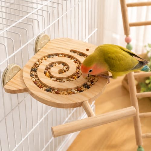 Bird Foraging Toy with Perch, Wooden Spiral Treat Feeder for Small & Medium Birds, Parakeet, Budgie, Cockatiel, Lovebird and Conure Cage Enrichment Toy