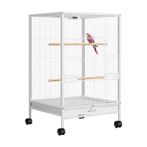 VIVOHOME Wrought Iron Bird Cage with Rolling Stand, 30 Inch Height | Standing Bird Flight Cage with Casters, Slide-out Tray for Parakeets Cockatiels Lovebirds Canaries Finches Conures, Whtie - color: White