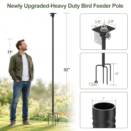 Bird Feeder Pole – Heavy Duty 92" Outdoor Stand, Fits Most Bird Feeders | 1" rustproof steel pole, anti-corrosion. 180° adjustable head. Supports 25 lbs. Tool-free assembly. - color: Black, size: 92"