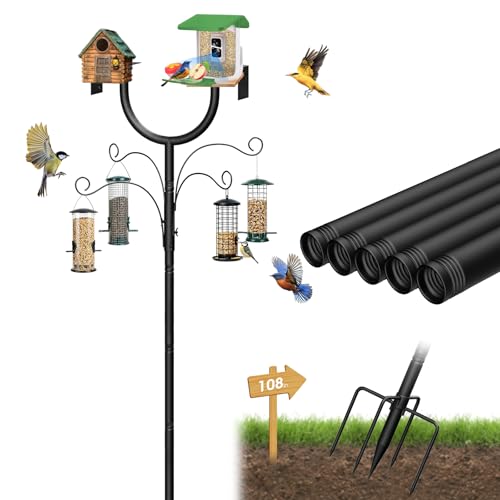 Bird Feeder Pole,Adjustable 47"-108" Heavy Duty Bird House Pole,Upgraded U-Shape Platform,4 Shepherd Hooks for Outdoor Garden & Yard - style: No Squirrel Proof & Tray