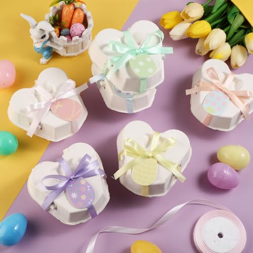 Fullhawl 24 Pcs Egg Cartons White Heart Shaped Egg Holder Natural Pulp Paper for Chicken Eggs with Macaron Color Label Ribbon for Easter Gift, Arts and Crafts Reusable (Cute) - style: Heart