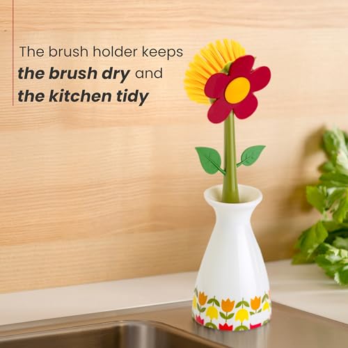 Vigar Flower Power Dish Brush with Handle and Stand - White, Red | Flower-Shaped, Dish Scrubber for Dishes, Dishwashing Brush, Kitchen Scrub Brush, Kitchen Essentials - color: Red