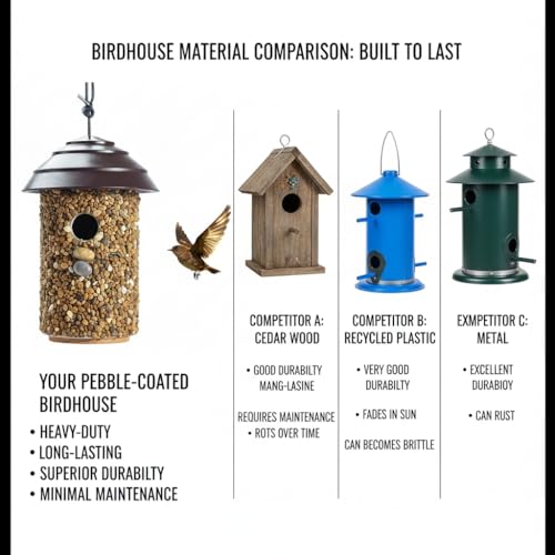 CEDAR ALPHA River Pebble Bird House for Outside - Composite Roof – Decorative Nesting Box for Bluebirds,Wrens, Finches, Chickee – Weather-Resistant Hanging, 10 Years Outdoor Lasting (Espresso - color: Black Roof