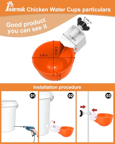 Chicken Waterer Cups (8 Pack) with 3/8" Drill Bit - Orange | Automatic Poultry Drinker Feeder Kit for Chickens, Ducks, Turkeys, Quail, Bunnies | DIY Gravity Fed Bucket Water Dispenser - color: Orange, size: 8 Pack + Drill bit