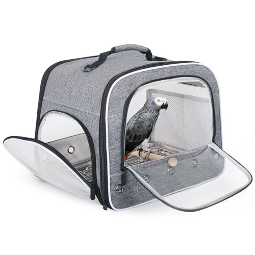 Large Bird Carrier Cage, Portable Travel Carrier Bag with Standing Perches Metal Tray and Grate (Grey, Large Carrier) - color: Grey