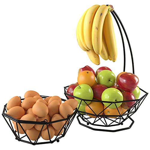 Fruit Basket with Banana Hanger and Fruit Bowl. Kitchen Counter Fruit Bowl with Banana Holder used as Bread, Vegetable or Produce Basket, Egg Holder, 2 Tier - size: 2-Tier