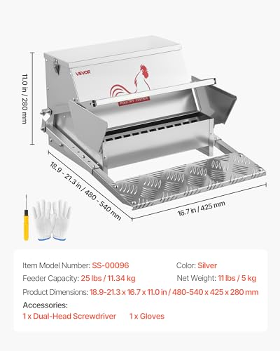 VEVOR Automatic Chicken Feeder, 25 lbs Capacity, Rainproof Treadle Poultry Feeder with Lockable Lid, No Waste, Galvanized Steel Construction, Outdoor Use, for Chicken, Bantams, Poultry, Pheasants