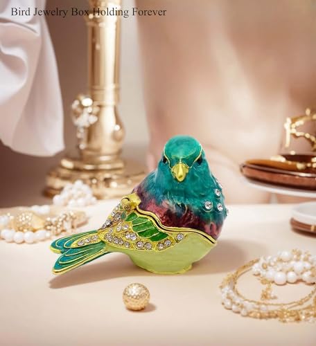 Turquoise Green Bird Jewelry Trinket Box Gift | hinged,enameled,ring earring storage,bird gifts figurine decor - color: A Malachite