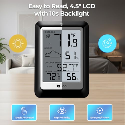 Indoor Outdoor Thermometer Hygrometer Wireless Weather Station, Temperature Humidity Monitor Battery Powered Inside Outside Thermometers with 330ft Range Remote Sensor(Black) - color: Black