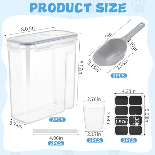 2 Pack Dog Food Storage Container Airtight - 5-7Lbs Pet Dog Cat Food Container with Lid, Scoop and Measuring Cup, Clear Plastic Dry Food Storage Bin for Dogs, Cats, Bird, Rice