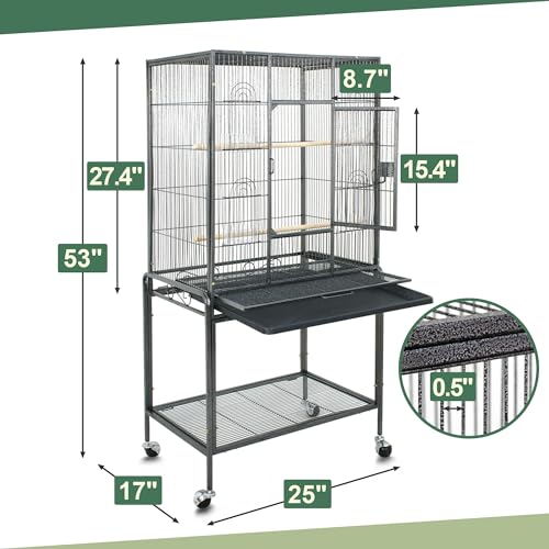 ZENY 53-Inch Parakeet Bird Cage, Wrought Iron Large Parrot Flight Birdcage | with Rolling Stand, Perches, Slide-Out Tray and Plastic Feeders, Casters,Bird Cage for Cockatiels Canary Finch - color: Black + Silver