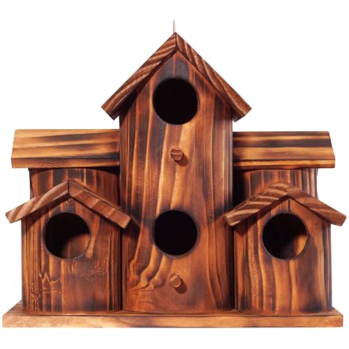 MIXUMON Wooden Bird Houses for Outside – 6 Rooms Multi-Chamber Bird House, Carbonized Pine Rustic Finish, 1.57" Entrance Holes, Cleaning Doors for Each Room, Decorative Outdoor Bird Nesting Box