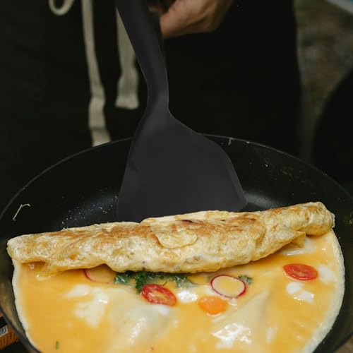 Hitefu 2 Pcs Silicone Spatula Turner, Black | Wide Pancake Flipper, Tamagoyaki Shovel, BPA Free Non-Stick, For Omelette, Pizza, Steak & Fish - color: Black