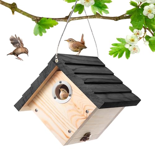 Dreyoo 1 Pack Wren House, 1-1/8'' Entrance Hole Hanging Wooden Wren Bird Houses for Outside with Metal Guard, Air Vents, Pine Wood for Chickadees (Black) - color: Black