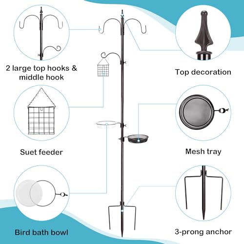 YINGYM Bird Feeder Stand Pole, 77 Inch Bird Feeding Station for Outside | Wild Bird Feeder Hanging Kit with Metal Suet Feeder, Bird Bath and Mesh Tray, 3-Prong Base - size: 77 Inches without Squirrel Baffle