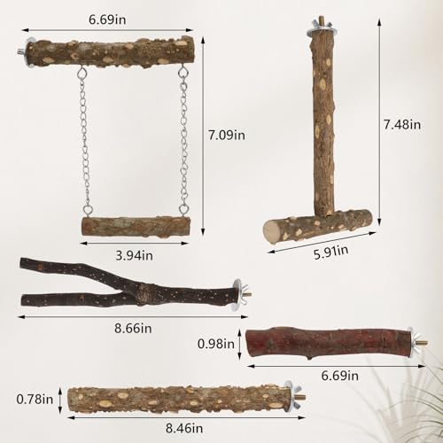 Hypeety Natural Wood Bird Perch for Parakeets Bird Chew Stands for Cage | Natural wood, anti-slip, with hanging swing, fork and T shaped perch, easy to install, suitable for parakeet/cockatiel, 5pcs