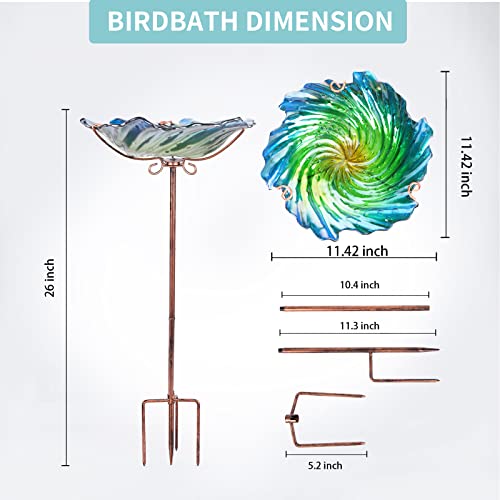 MUMTOP Bird Bath for Outside, Glass Birdbath Birdfeeder Green Garden Stake | 26 Inch Flower Bird Bath for Outdoors with Stable Four-Prong Ground Stake, Easy to Install and Clean, Perfect for Outdoor Use - color: Green