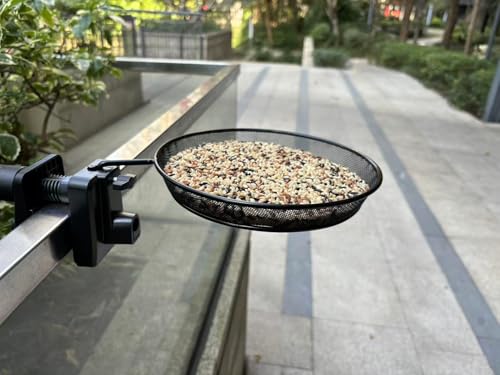 Railing/Fence/Pole Mount Bird Feeder 8" Metal Mesh Birdseed Tray for Deck/Balcony/Porch Wildbird Feeding Large Clamp(3" Max) Platform Wild Bird Feeder