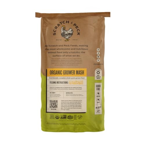 Scratch and Peck Feeds | Grower Mash for Chickens & Ducks | 40 lb Bag | 17% Protein, Corn & Soy Free, Fermentable Whole Grains, Certified Organic & Non-GMO Project Verified, Complete Nutrition - size: 40 Pound (Pack of 1), style: Grower Feed