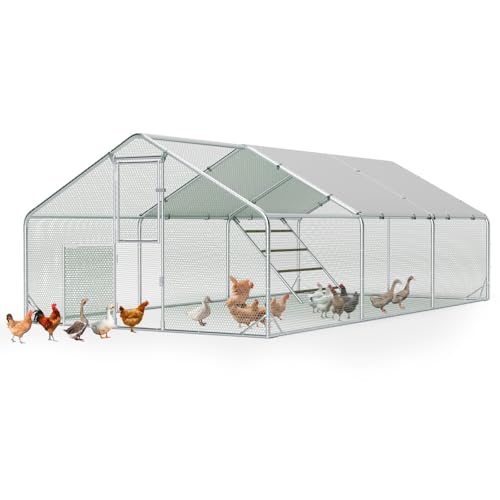 Sannwsg 10x20 FT Metal Chicken Coop with Run, Large Walk in Chicken Pen with Waterproof Cover, Secure Lock, Heavy Duty Poultry Cage with Feeding Door for Outdoor Farm Use - size: 118.0"L x 236.0"W x 79.0"H