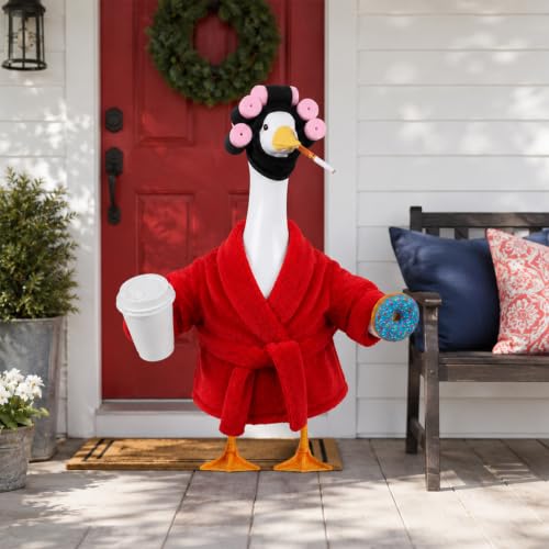 Old Lady Porch Goose Outfits 23 in Bathrobe Lawn Goose Costume Set Red | 23 Inch, for Porch Goose Cement or Plastic Statue, with Curlers Hat Coffee Cup Donut, Lawn Yard Garden Patio Decor - style: Bathrobe Red