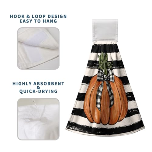 Fall Pumpkin Maple Leaves Kitchen Towels with Hanging Loop Autumn Thanksgiving Stripe Hand Tie Towels Soft Absorbent Fingertip Bath Towel Oven Stove Dish Washcloths Set of 2 - color: Fall Stripe