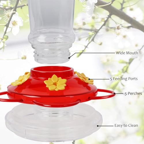 Shrdaepe Hummingbird Feeder, Glass Bottle Bird Feeders, 5 Feeding Ports, 10-Ounce Nectar Capacity, 2 Pack - color: Red & Yellow Flowers