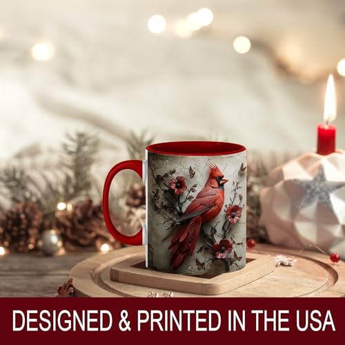 Cardinal Bird Coffee Mug, 11oz Ceramic Red with Songbird and Flower Design, Gift for Women, Nature Lovers, Birthdays, Tea, Coffee, Hot Chocolate Lovers, Artistic and Elegant (Red Cardinal Bird) - color: Cardinal Bird