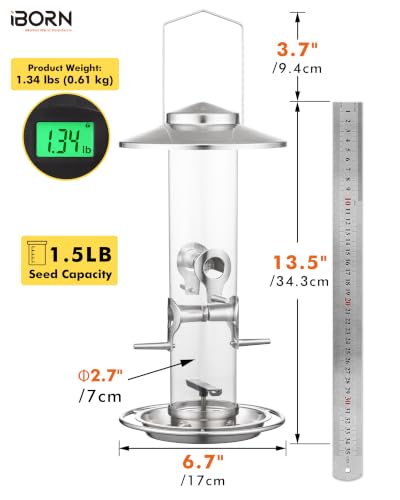 iBorn Metal Bird Feeder for Outside Hanging,Wild Bird Feeders for Cardinal,17cm Large Roof&Nickle,34.3CM Long,1.5lb Capacity 8 Ports (Seed is not Included) - color: nickle