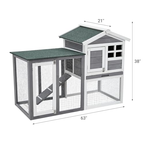 2-Story Wooden Rabbit Hutch & Chicken Coop, Indoor/Outdoor Bunny Cage with Waterproof Roof, Removable Cleaning Tray & Access Ramp for Chicken, Rabbit - size: 46.5 inch